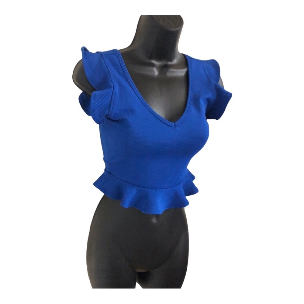 Sincerely Jules royal blue peplum flutter hem v-neck crop top shirt size XS new